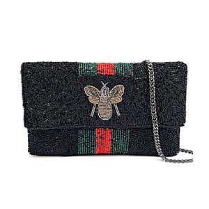 NEW NWT Bee Theme Iconic Italian Red Green Stripe Seed Beaded Crossbody Clutch